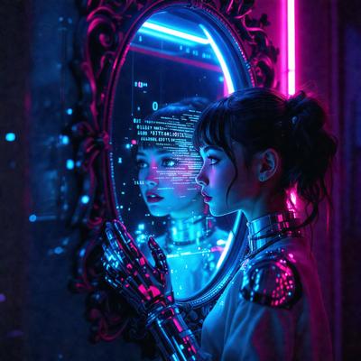 The primary subject of the image is a woman who is looking at her reflection in a mirror. The setting is a room with a pink background, and the visual style appears to be a combination of a photo and digital art. The woman is wearing a silver outfit, and the dominant colors in the image are pink and silver. The overall atmosphere of the image is futuristic and captivating.